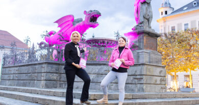 Stadträtin Sandra Wassermann, BA, und Theresa Neumann, BA MA, Geschäftsführerin der Österreichischen Krebshilfe Kärnten wiesen mit dem rosa beleuchteten Lindwurm auf das Thema Brustkrebsvorsorge hin.