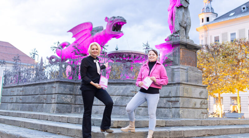 Stadträtin Sandra Wassermann, BA, und Theresa Neumann, BA MA, Geschäftsführerin der Österreichischen Krebshilfe Kärnten wiesen mit dem rosa beleuchteten Lindwurm auf das Thema Brustkrebsvorsorge hin.