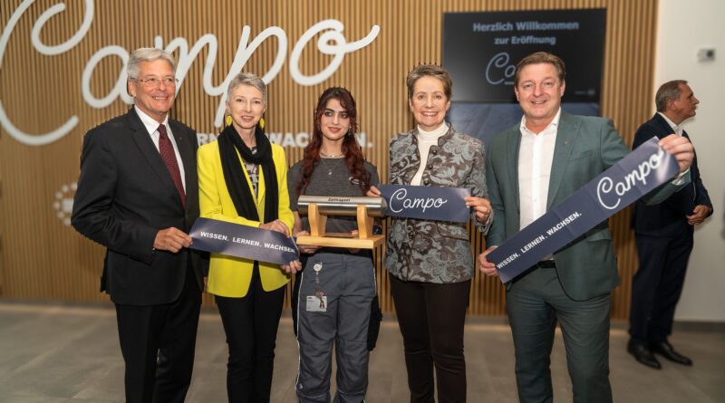 GPS-„Campo“ im Technologiepark Villach eröffnet. v.li.: LH Peter Kaiser; LH-Stv.in Gaby Schaunig; Rojvin Ismail (Lehrling Infineon); Sabine Herlitschka (Vorstandsvorsitzende Infineon Austria), Bürgermeister Günther Albel